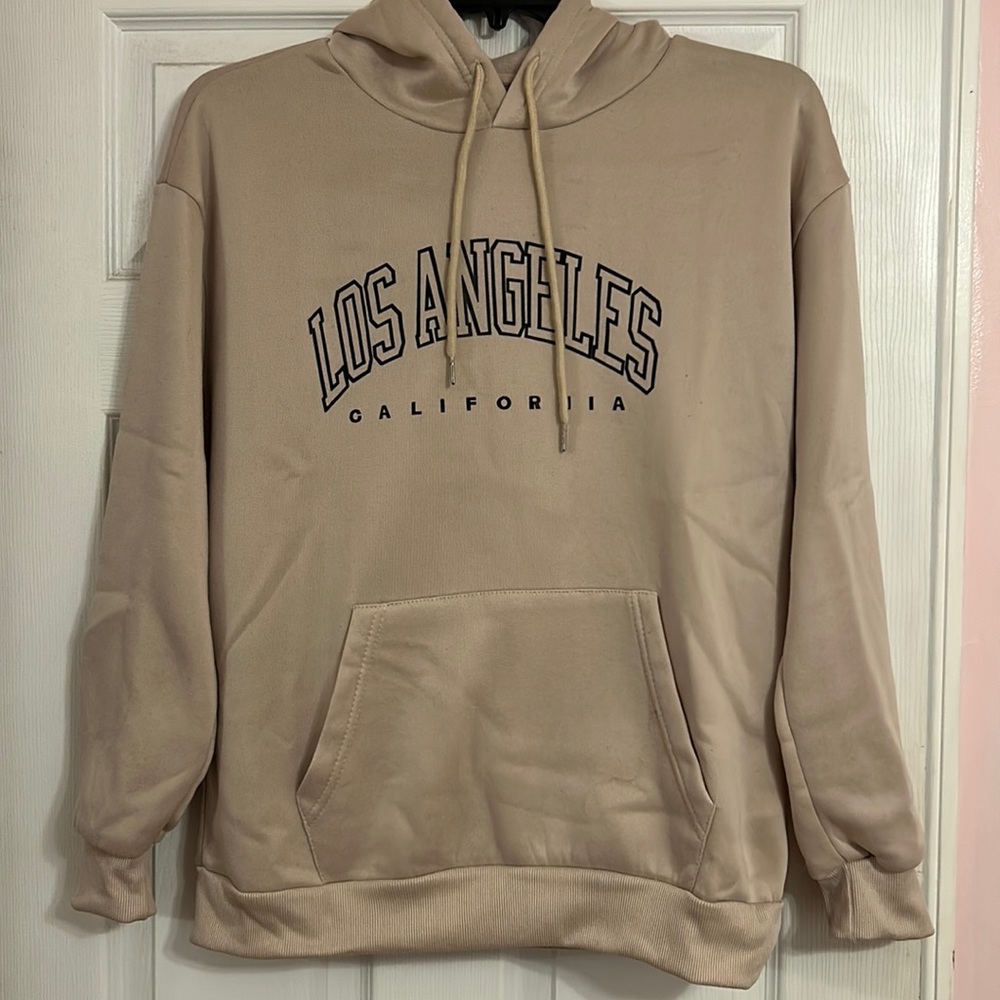 Men's Letter Graphic Hoodies long sleeve. Tan color with black writing Size L